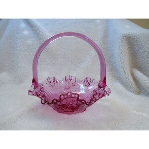 Fenton Ruffle Baroness Tiara Rose Pink Glass Basket cabbage rose